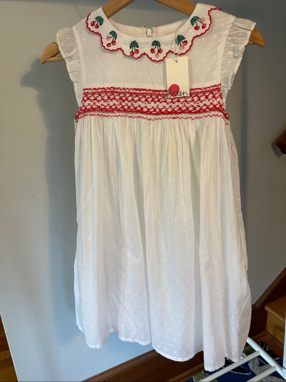 Mini Boden White Cotton Dress with Red Smocking and Cherry Collar NWT 9-10Y